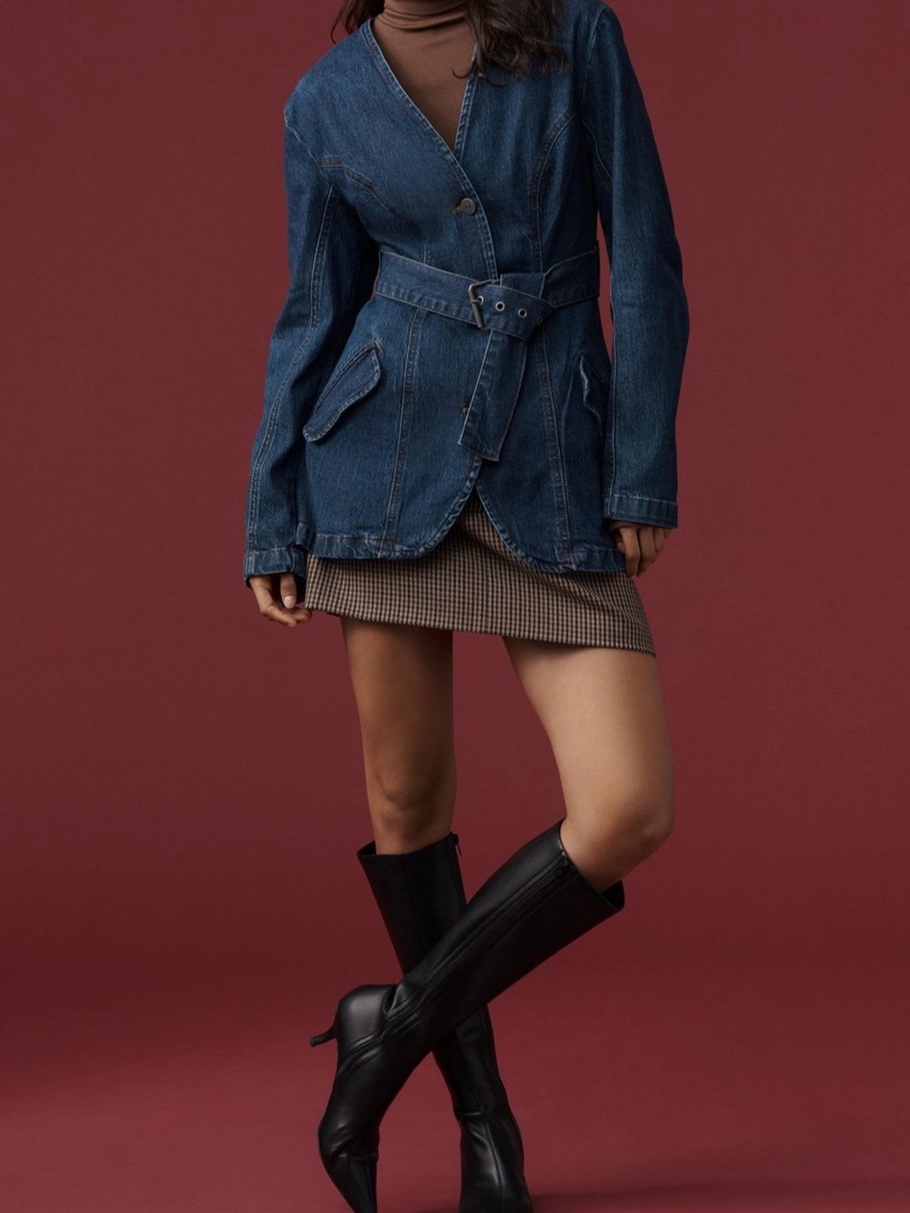 ANTHROPOLOGIE Belted Denim Jacket Women’s XS Dark Wash Longline Blazer